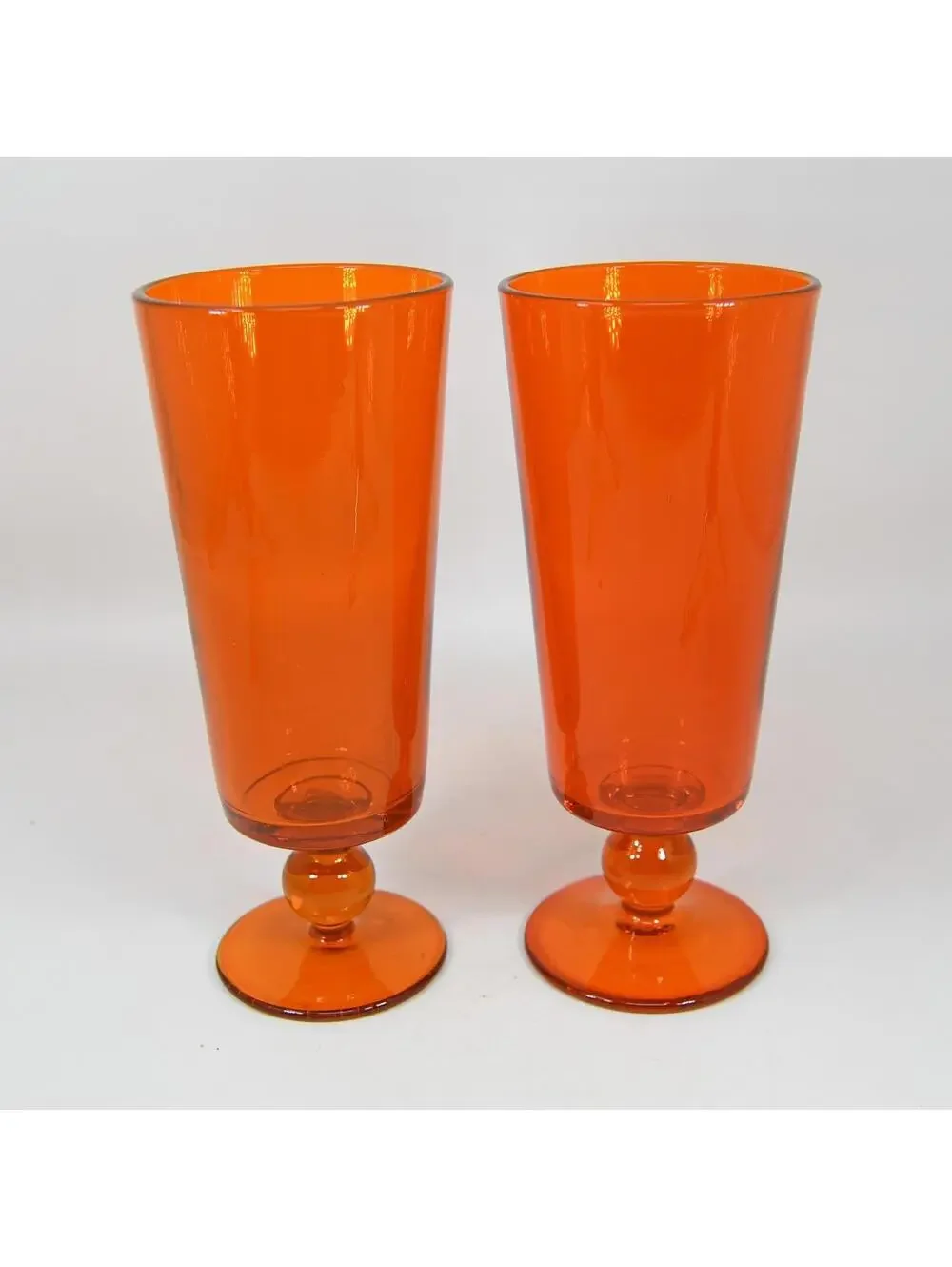 Mid Century Orange Glass Water Goblet Bubble Knob Stem 7